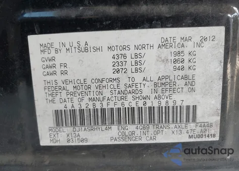 2012 Mitsubishi Galant Es/Se z USA, uszkodzony, nr VIN 4A32B3FF6CE019897